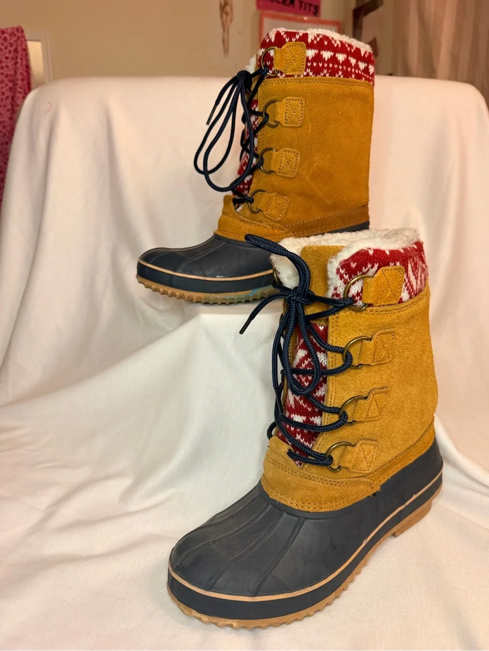 Women’s Mustard Suede Winter Lace-Up Boots with Patterned Knit Cuff